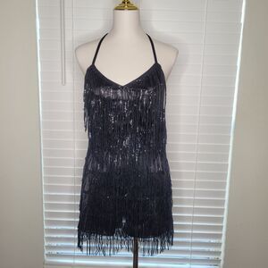 Fringe Sequin Concert Festival Party Birthday Backless Flirty Satin Romper Sz M‎